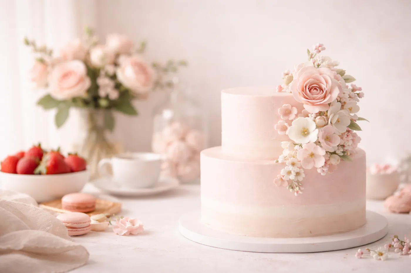 gâteau pastel décoré de fleurs délicates